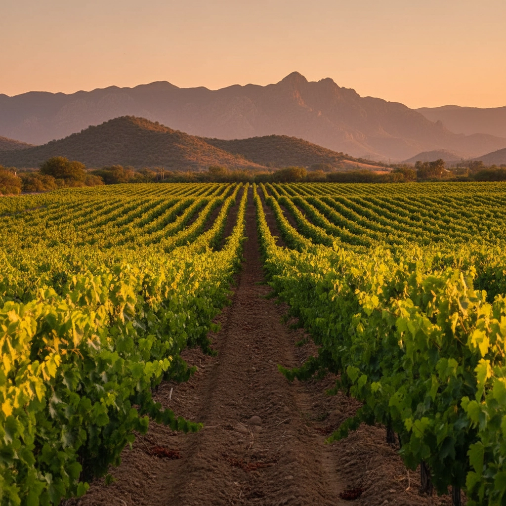 Viñedo en Valle de Guadalupe al atardecer