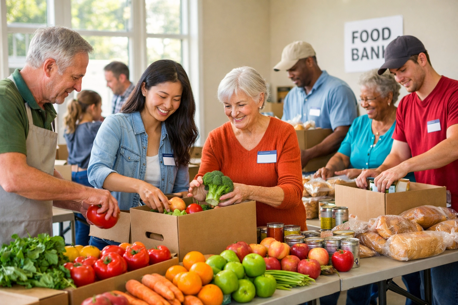 Volunteers organizing fresh produce at community food bank showing compassion in action