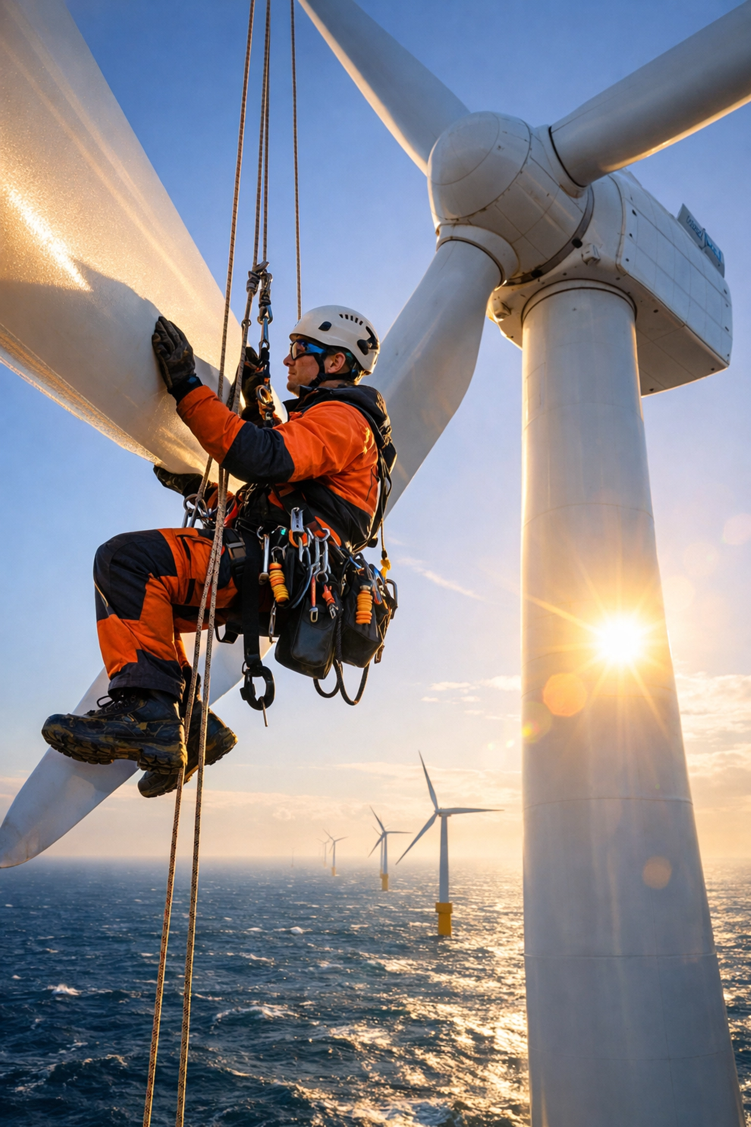 Rope access technician inspecting offshore wind turbine blade at height above the North Sea