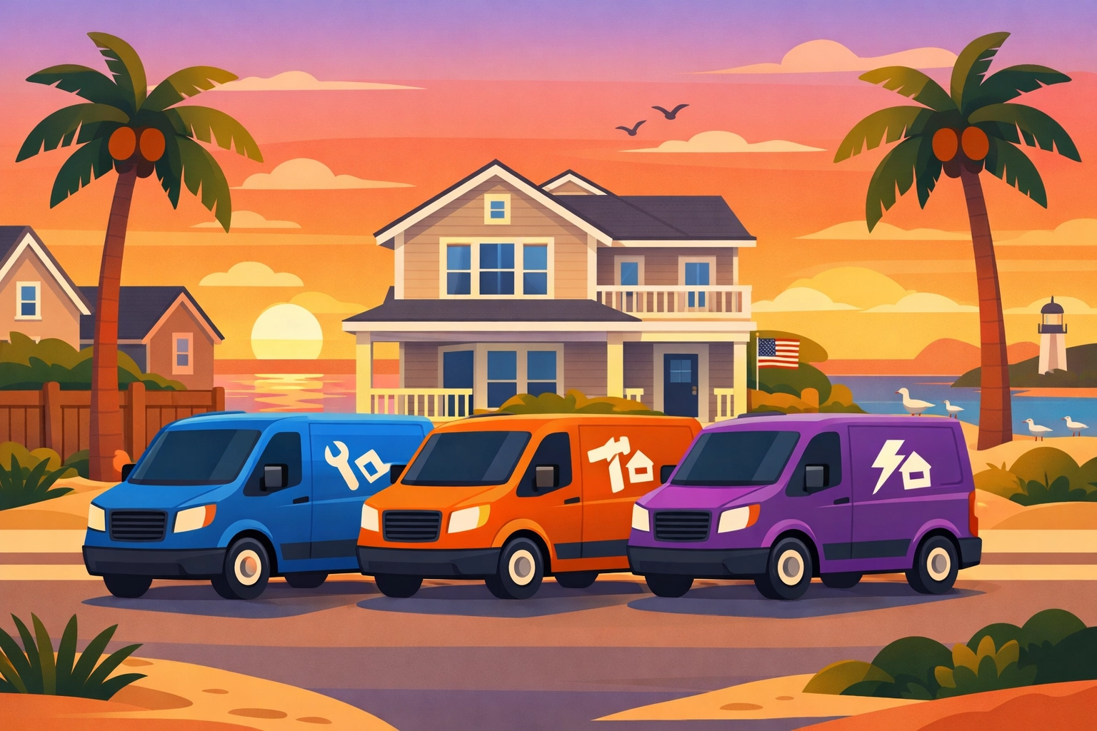 Three contractor vans serving a Hampton Roads neighborhood home in Virginia Beach