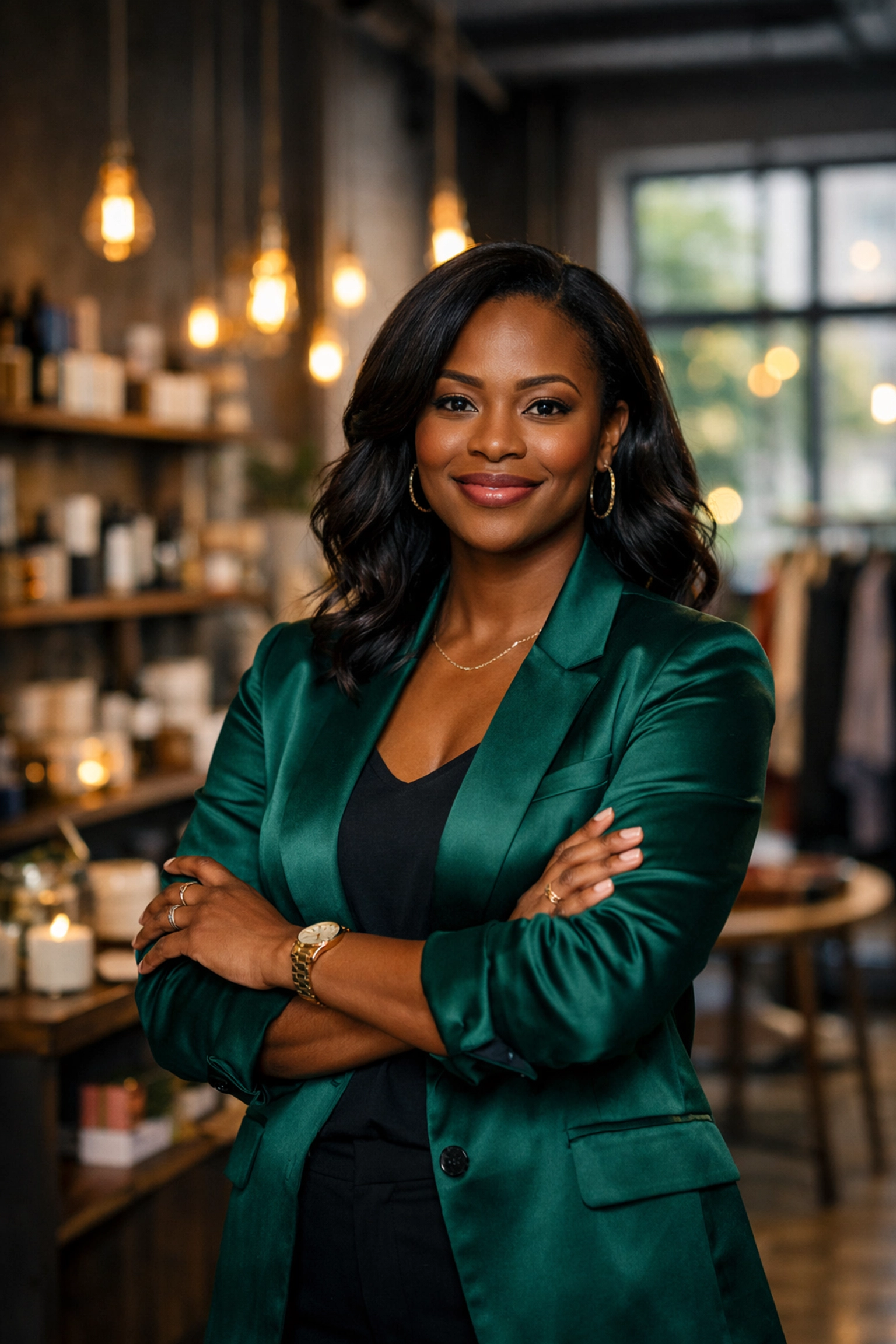 Black woman entrepreneur standing proudly in her Black-owned boutique