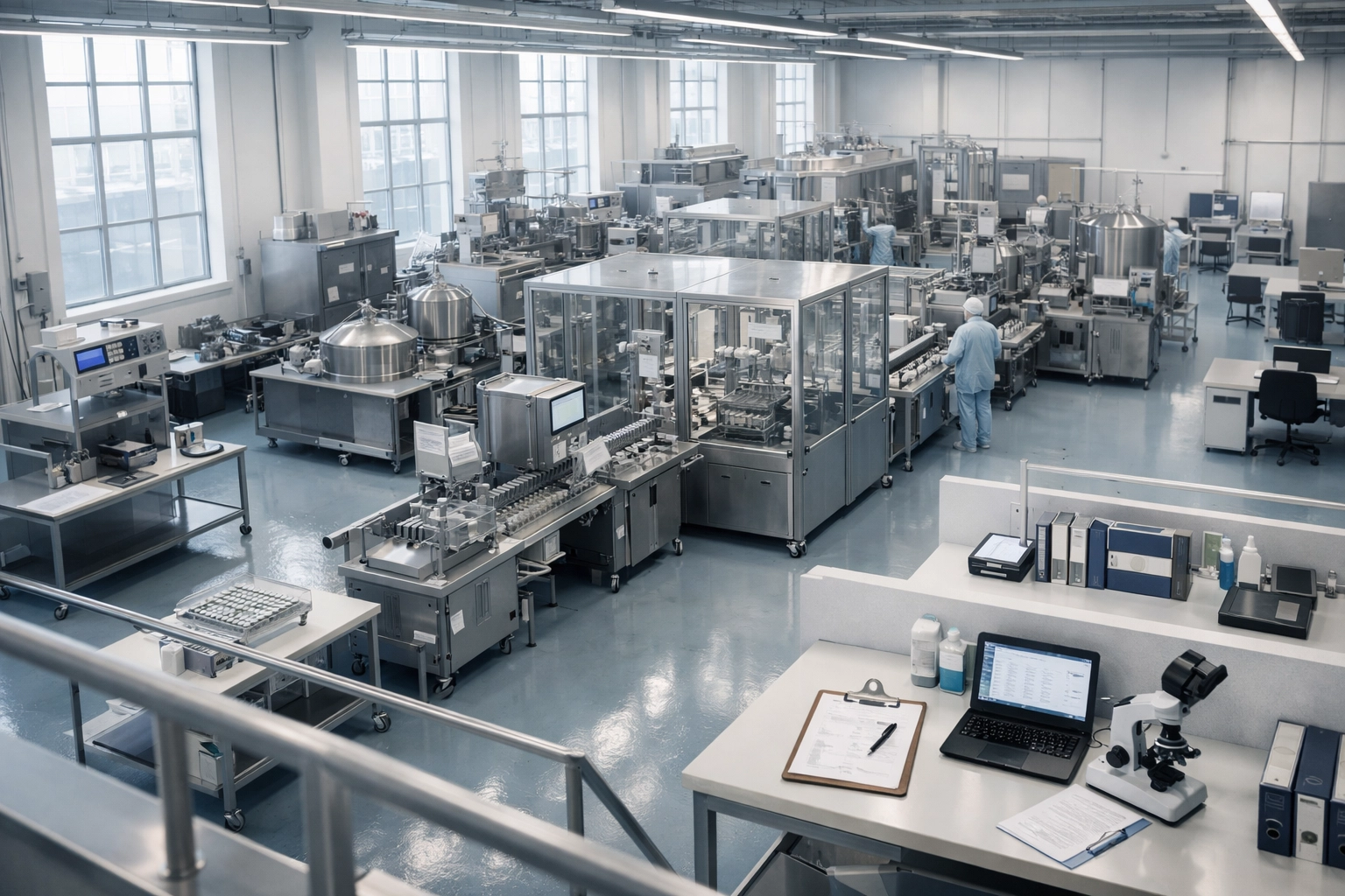 Pharmaceutical manufacturing floor with quality control checkpoints and documentation areas