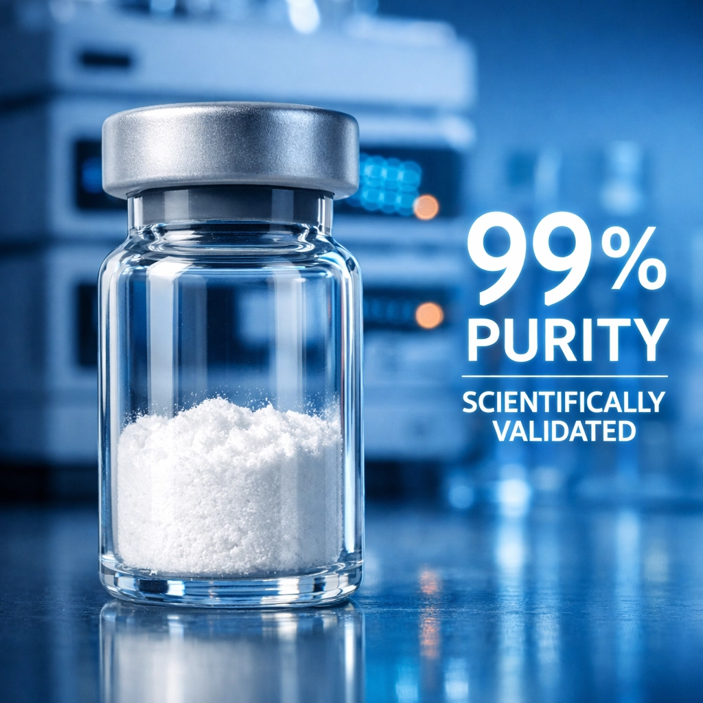 A clear glass vial of 99% pure peptide powder in a professional lab with HPLC testing equipment.
