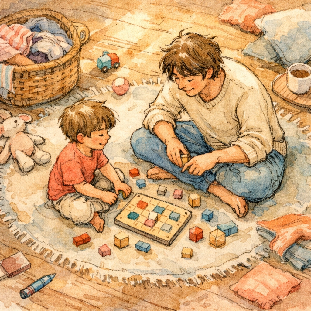 Parent and child playing together on living room floor showing Christ-like kindness in family time