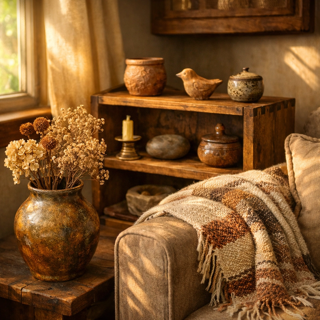 Handcrafted home decor pieces in cozy living room including ceramic vase and wooden shelf with patina