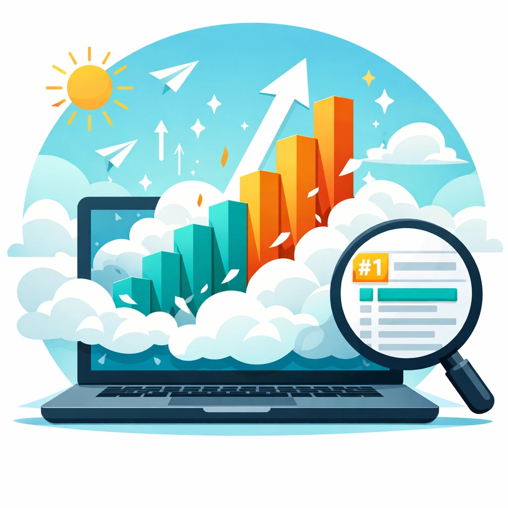 SEO and content strategy illustration showing rising search engine rankings on a digital screen.