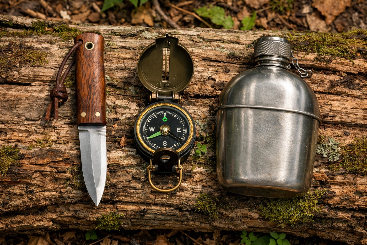 Essential survival tools like a bushcraft knife and compass for a camping adventure in the UK.