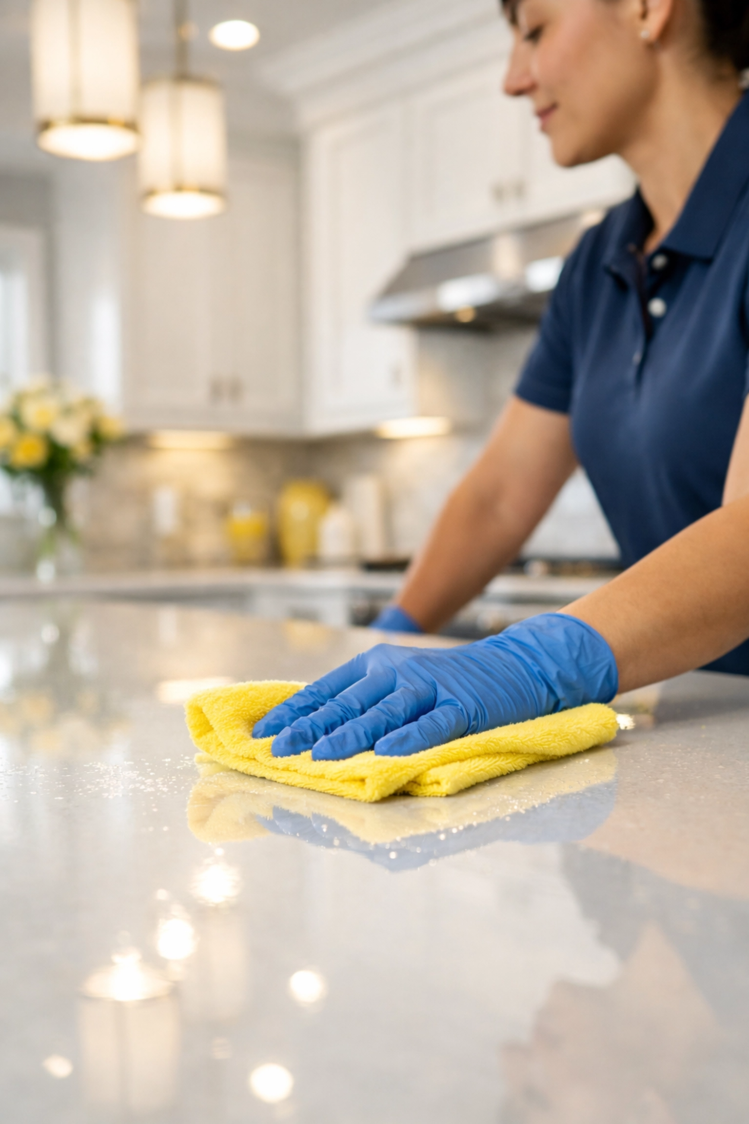 Professional cleaner performing weekly house cleaning in a modern Leominster MA kitchen with quartz countertops.