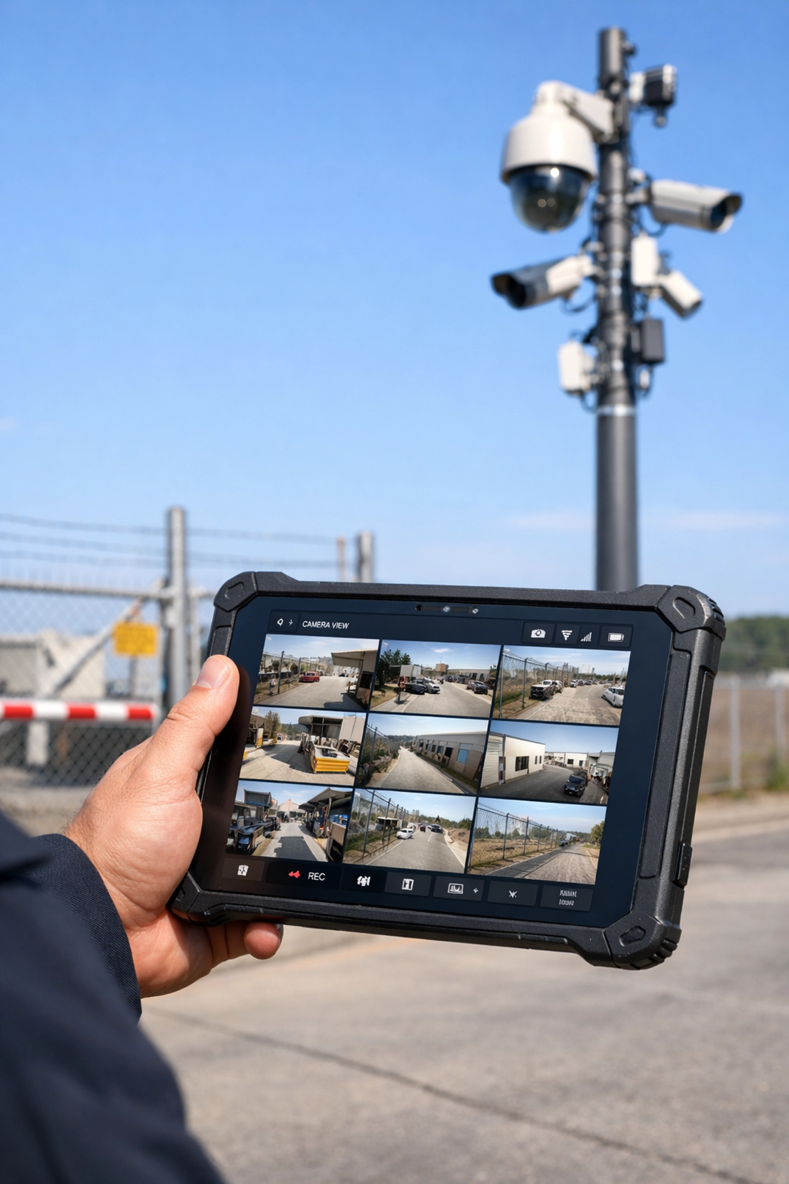 Security officer using a tablet to monitor an integrated CCTV and manned guarding system on-site.