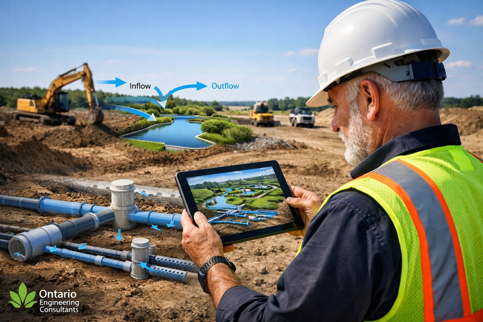 Ontario civil engineer evaluating site servicing and stormwater management plans on a land development project site.