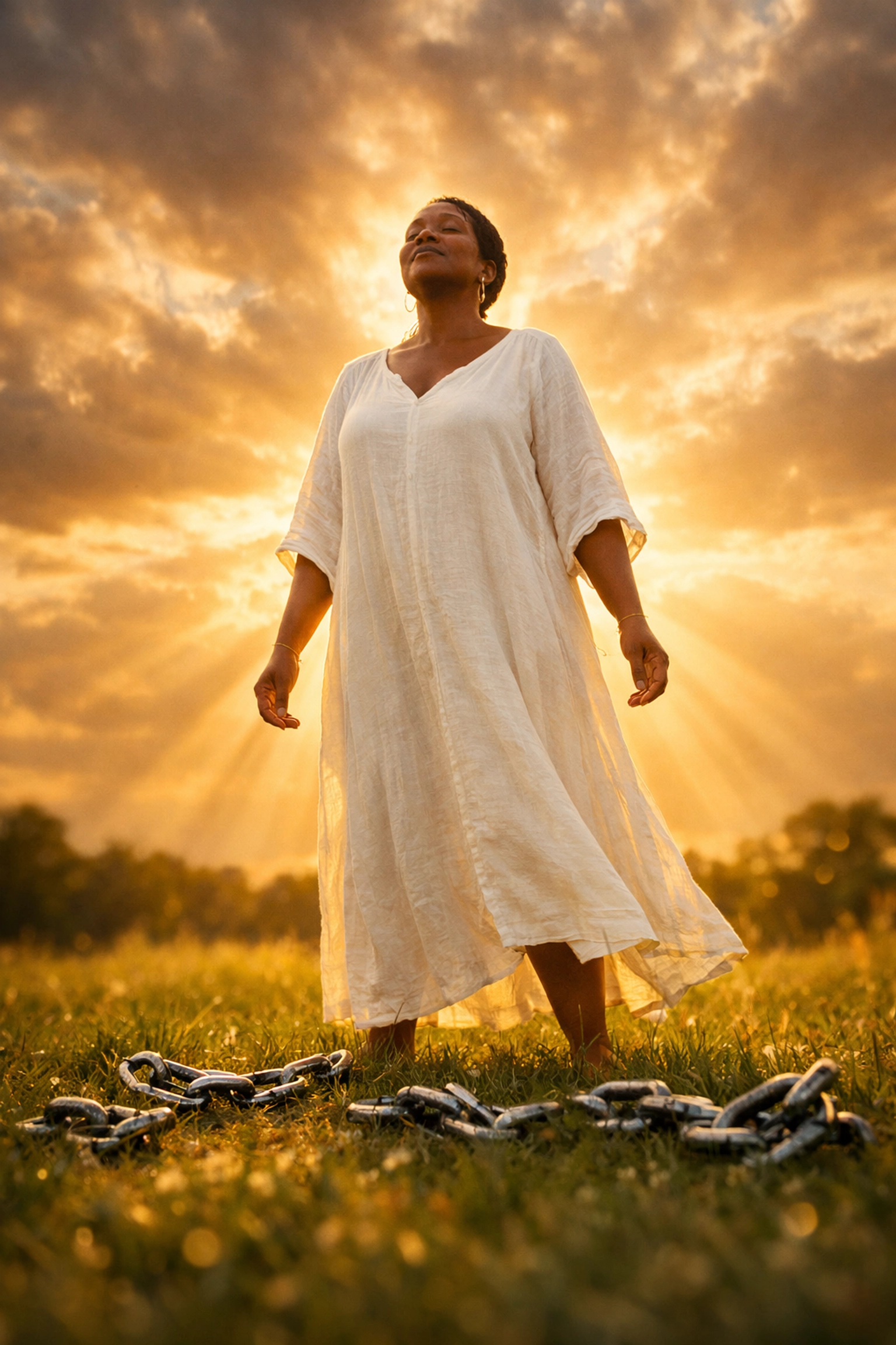 Woman standing free in a field with broken chains at her feet, symbolizing spiritual liberation through God's Spirit