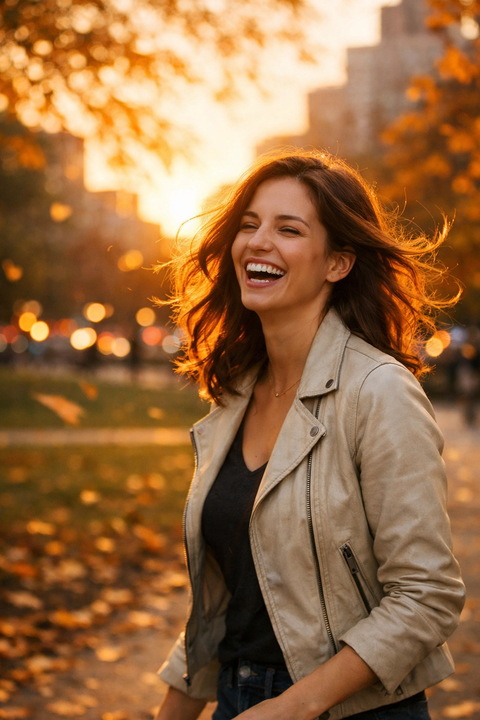 A natural lifestyle portrait of a woman laughing during golden hour using professional posing techniques.
