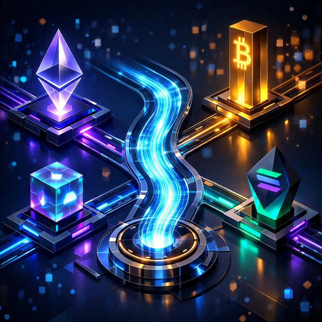 AI-powered data flow showing efficient Web3 transaction routing across blockchain networks on Larecoin.ai.