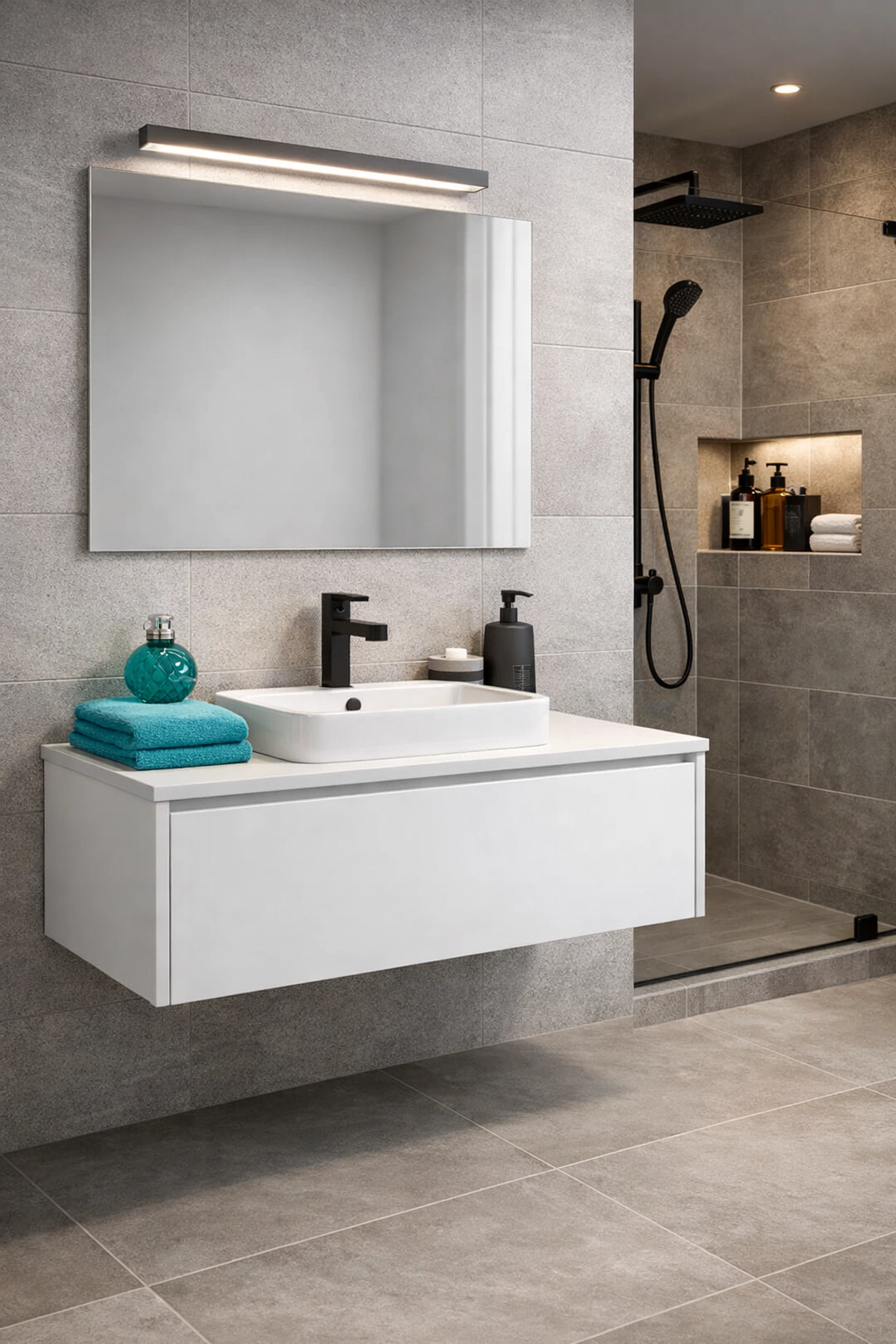 Smart bathroom renovations in Saskatoon with a floating vanity and recessed shower storage niche.