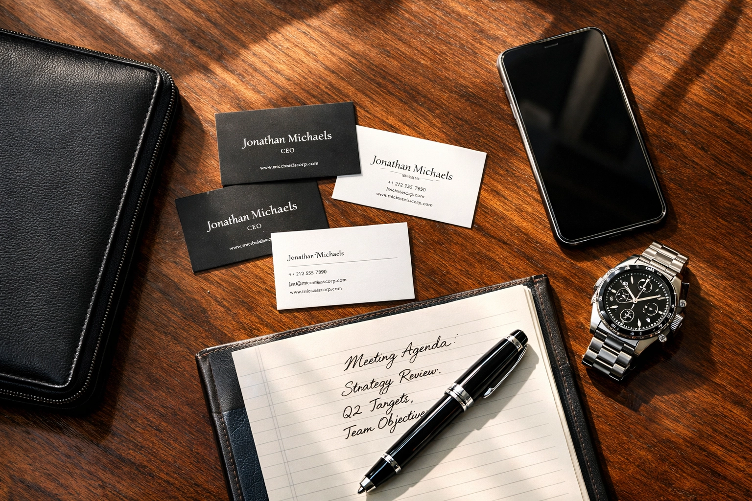 Executive desk with business cards and planning tools for Super Bowl networking preparation