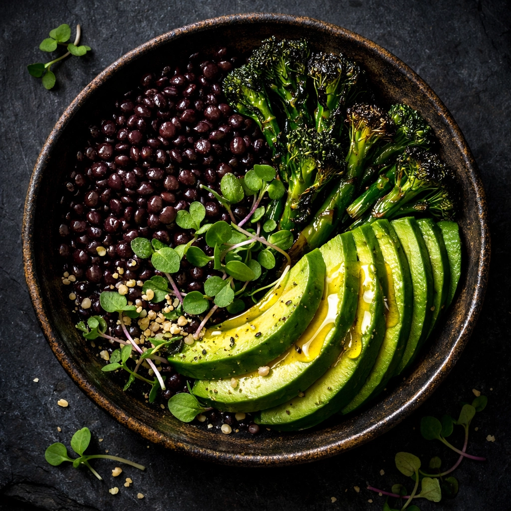 A nutrient-dense longevity bowl featuring lentils, broccolini, and avocado for a science-backed plant-based diet.