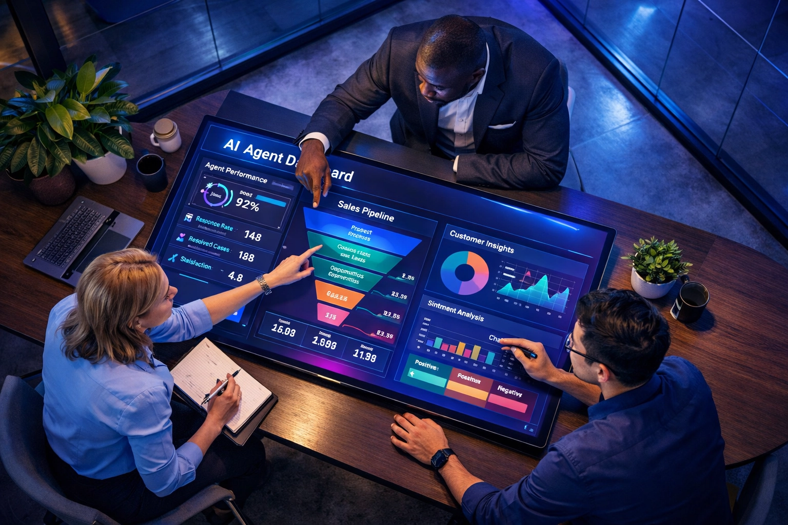 Business team collaborating with AI agent dashboards showing real-time sales and customer metrics