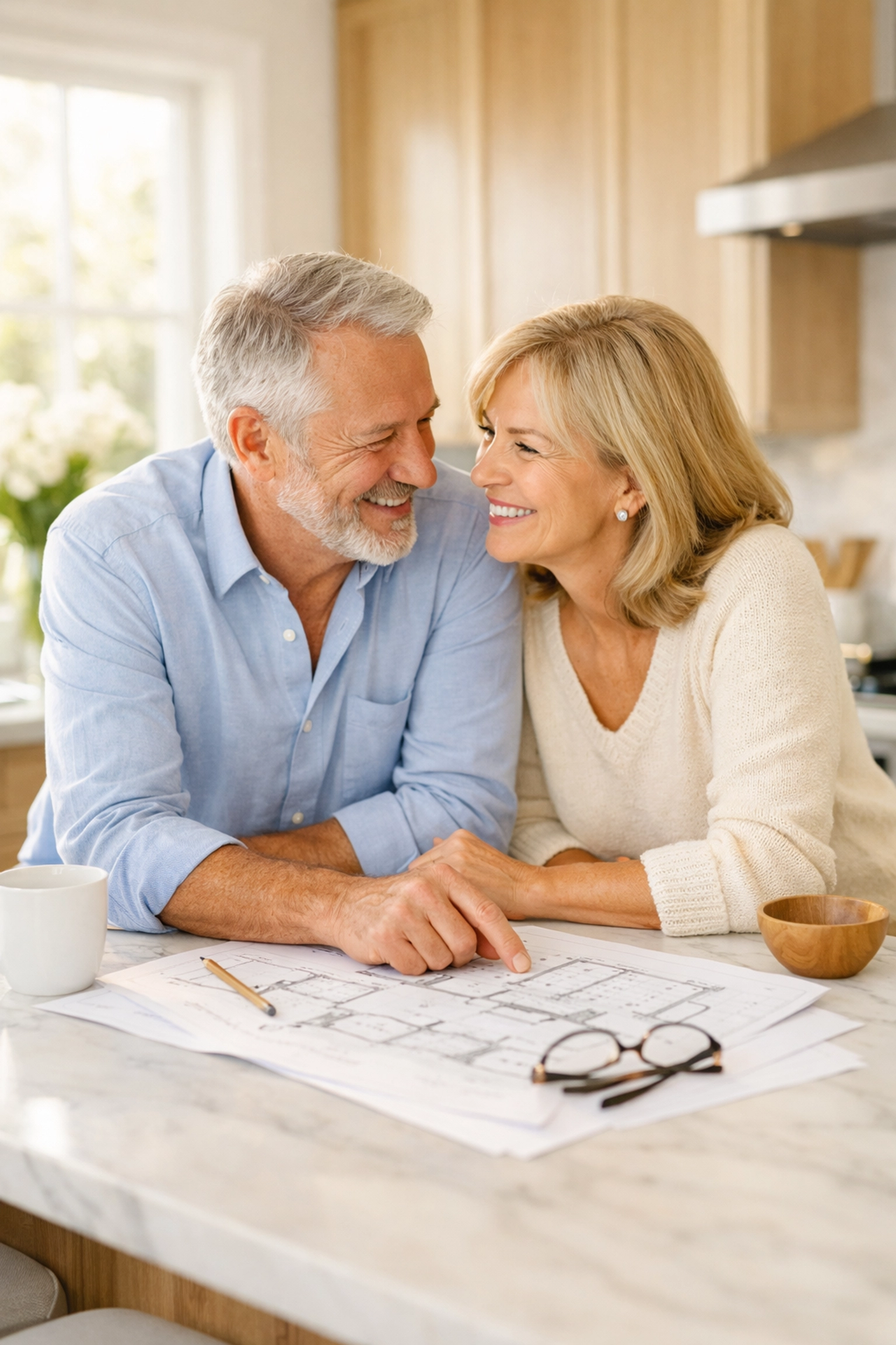 Washington senior couple reviewing home renovation plans funded by jumbo reverse mortgage equity.