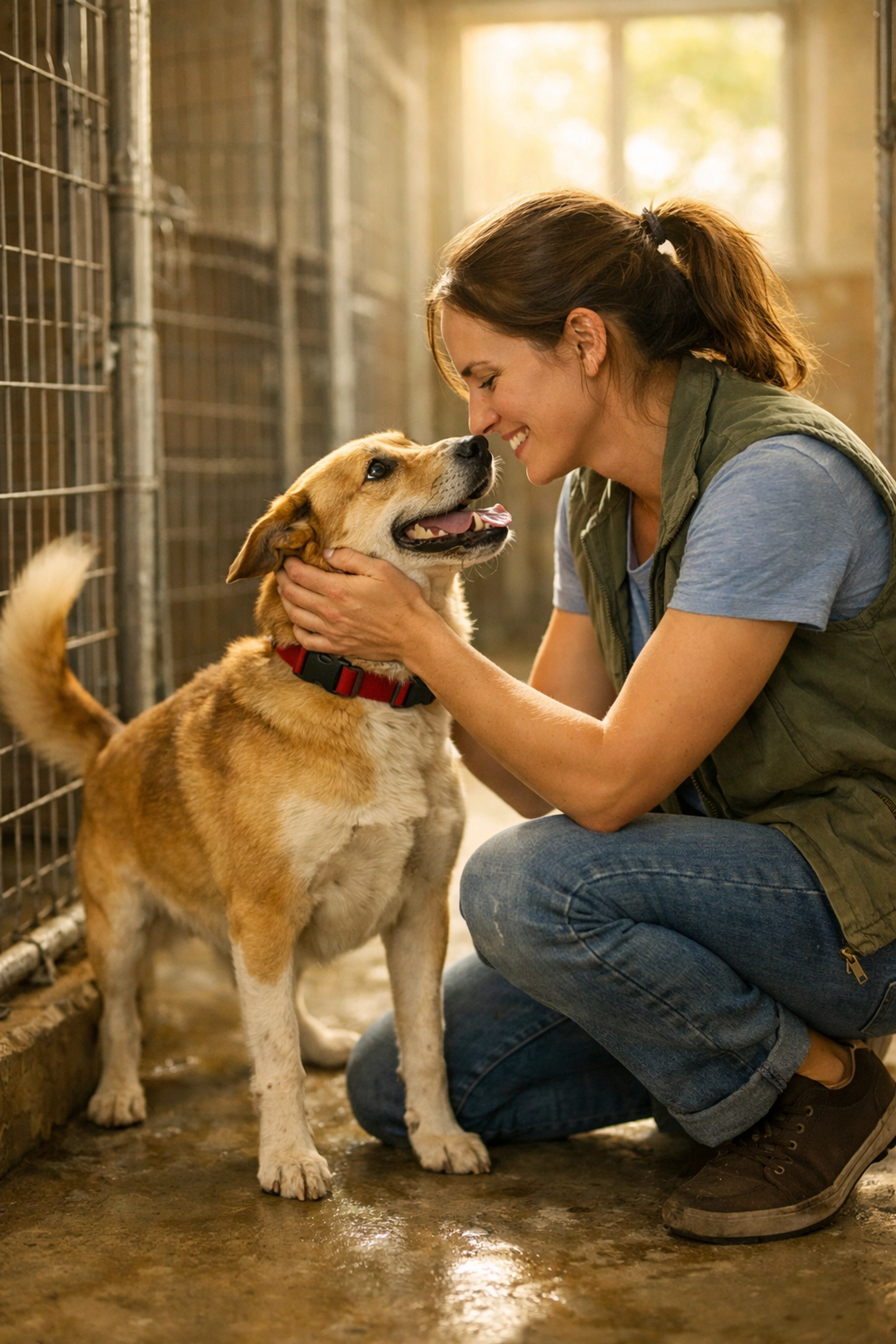 A happy volunteer kneeling with a rescue dog at Their Best Life Dog Sanctuary during a training session.