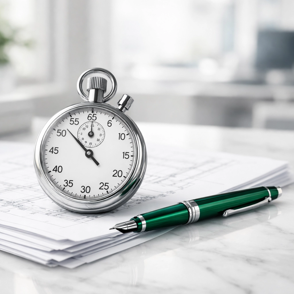 A stopwatch on architectural blueprints highlighting fast real estate deal closing with private money.