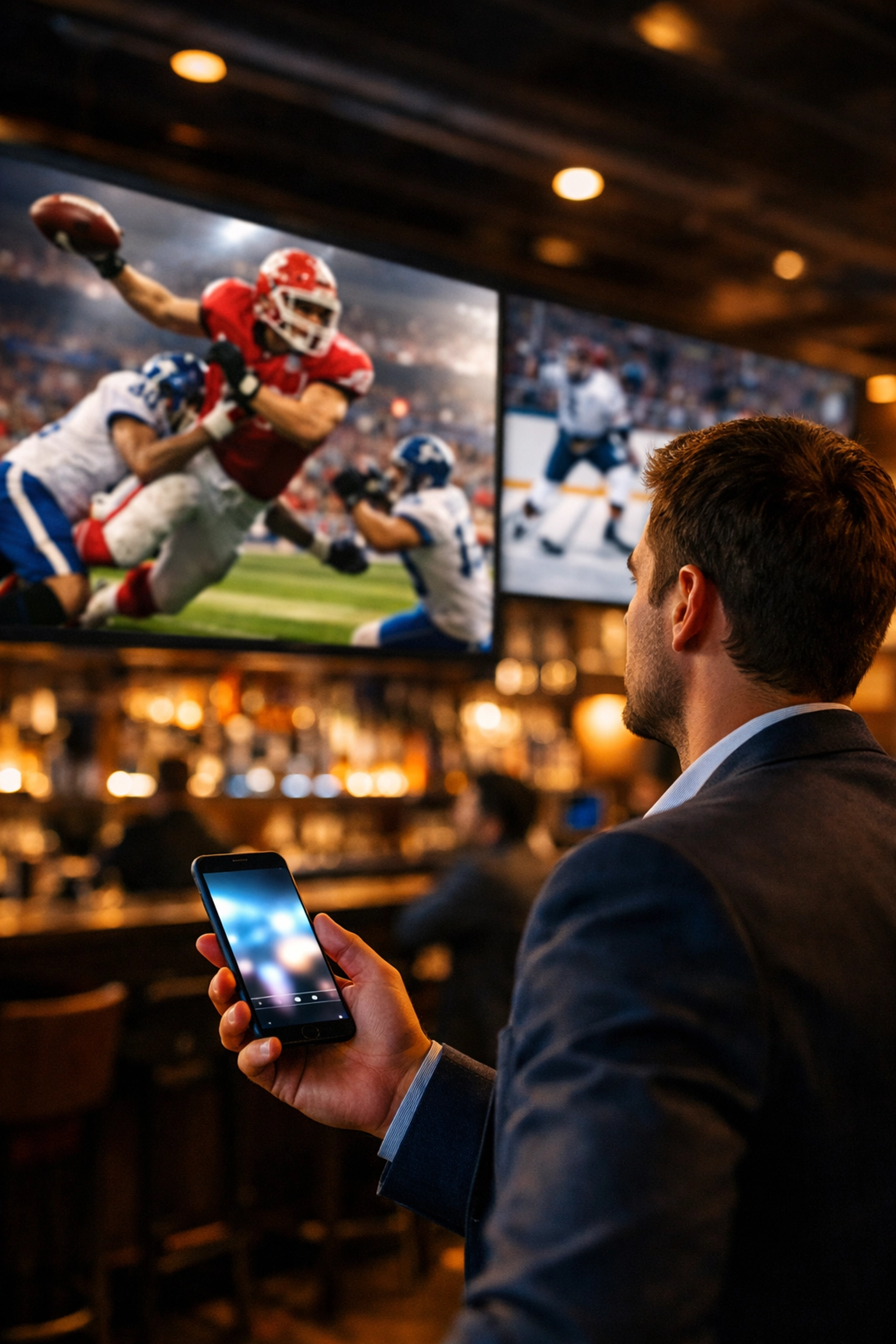 Sports fan in a bar viewing digital sports branding on a screen with mobile device integration for retargeting.