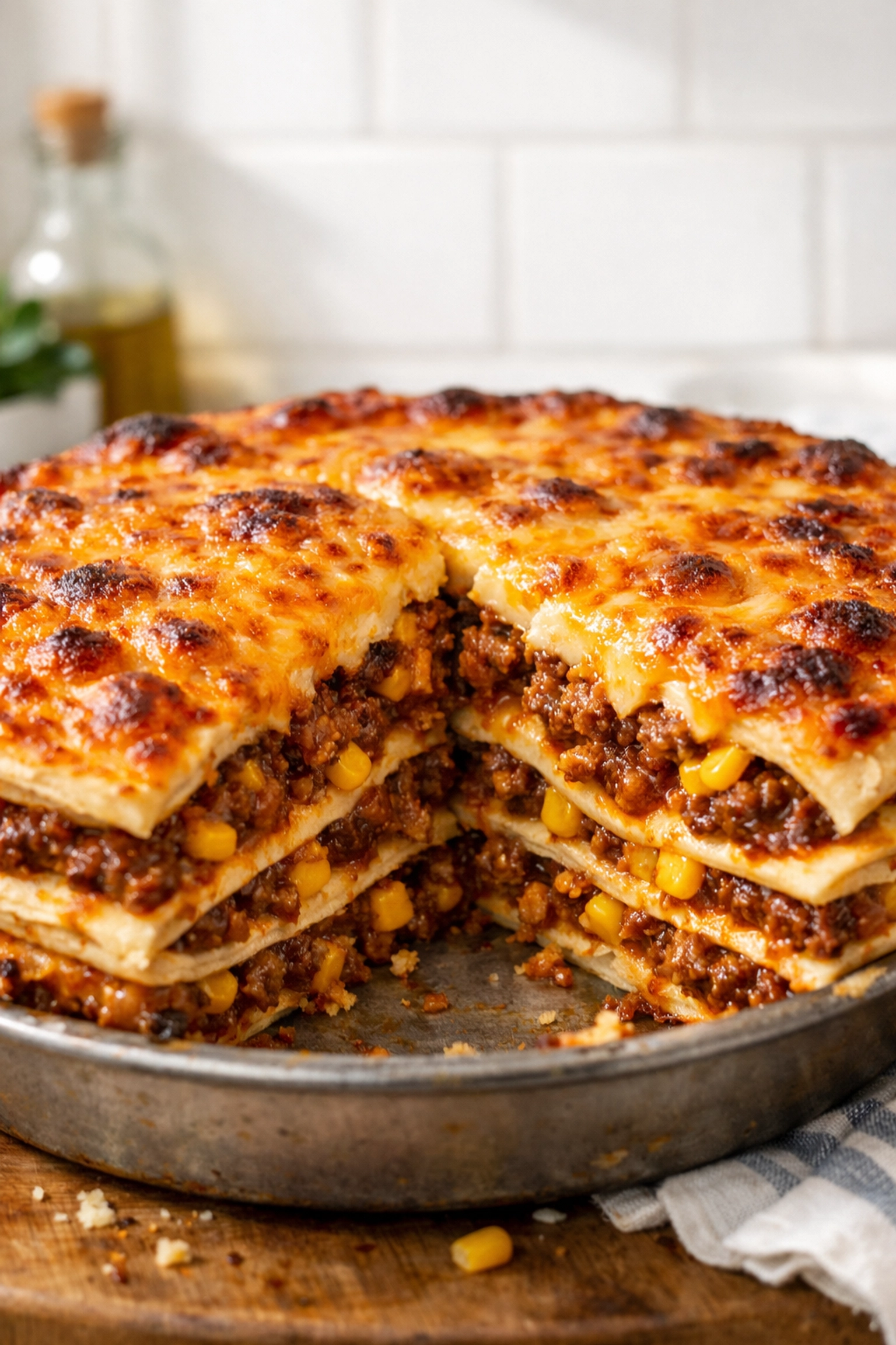 Cheesy layered BBQ Beef Tortilla Pie with corn, a quick and easy weeknight dinner for families.