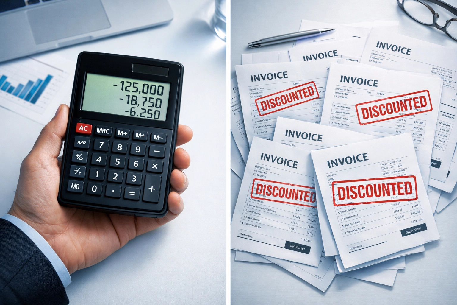 Calculator showing declining profit margins from discounted invoices