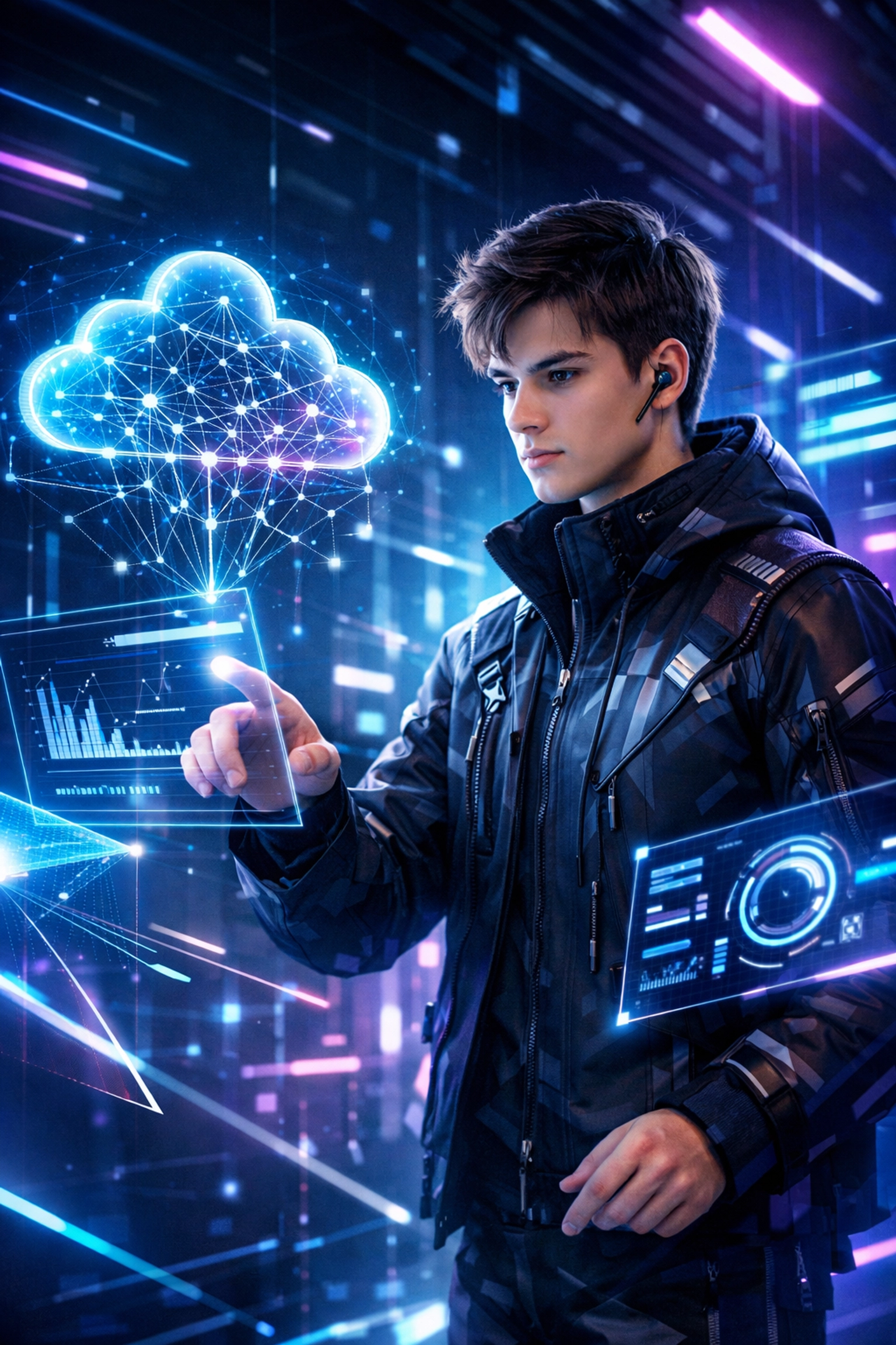 Young professional interacting with holographic AI data to develop Gen Z media strategy and cloud literacy.