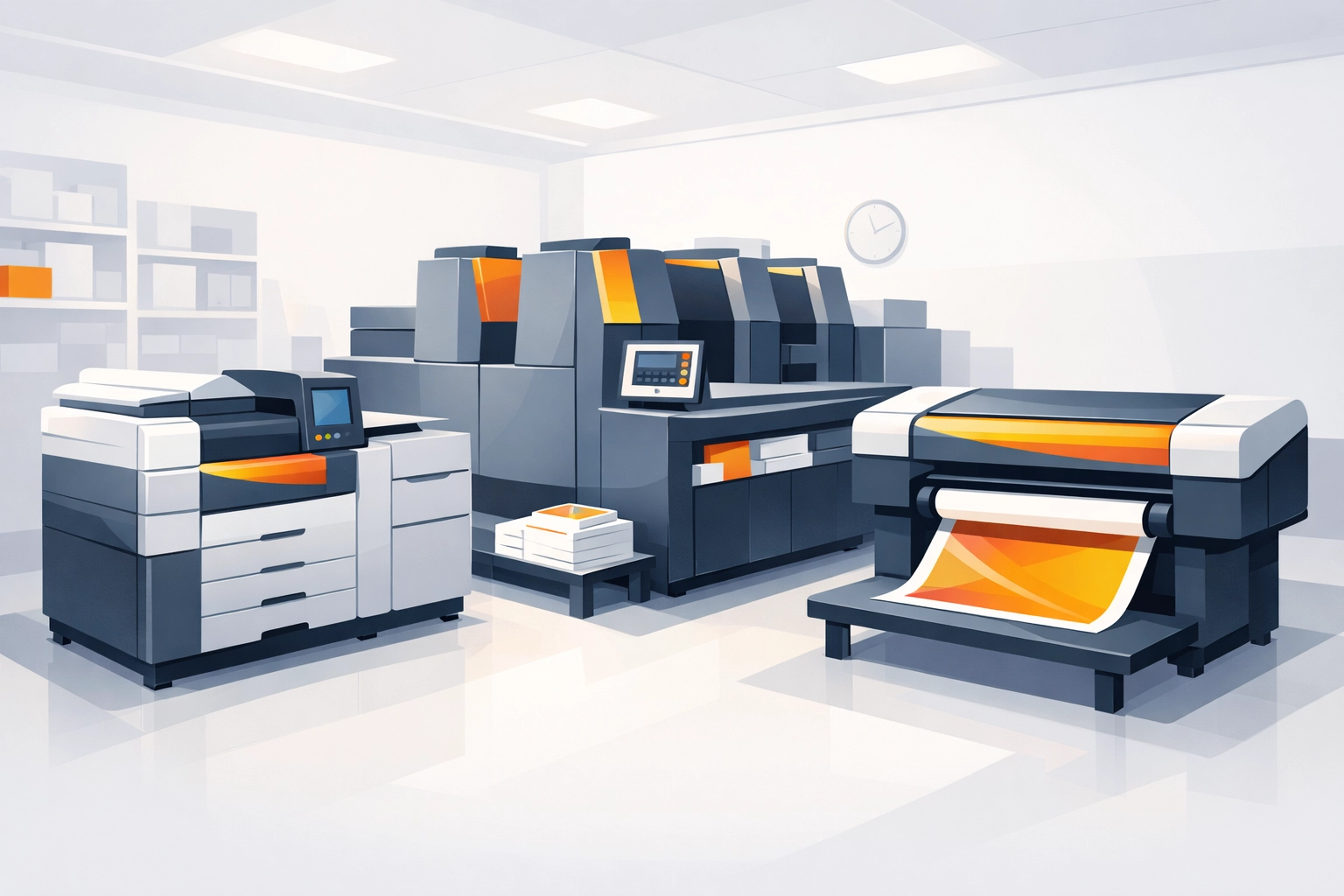 Commercial print shop equipment including digital and offset printing machines
