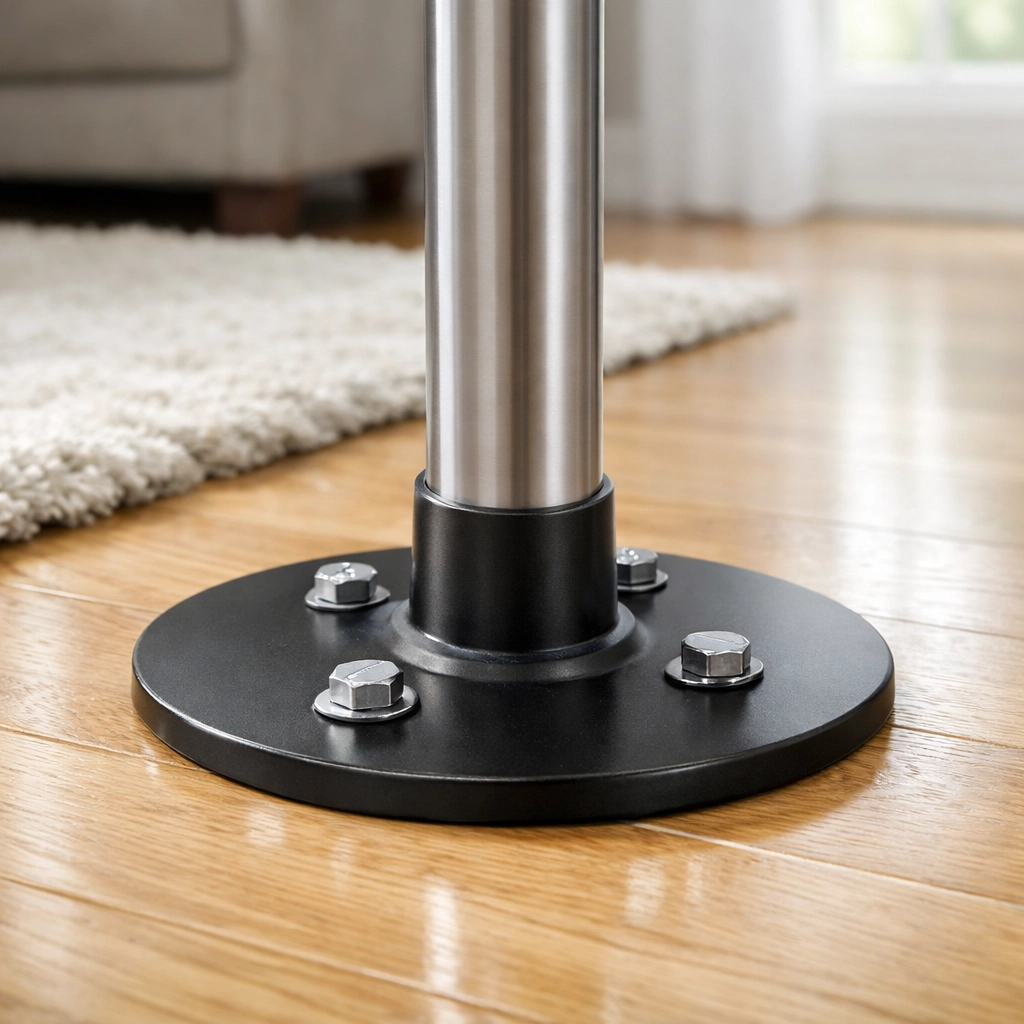 A transfer pole base installed securely on a flat hardwood floor for fall prevention.