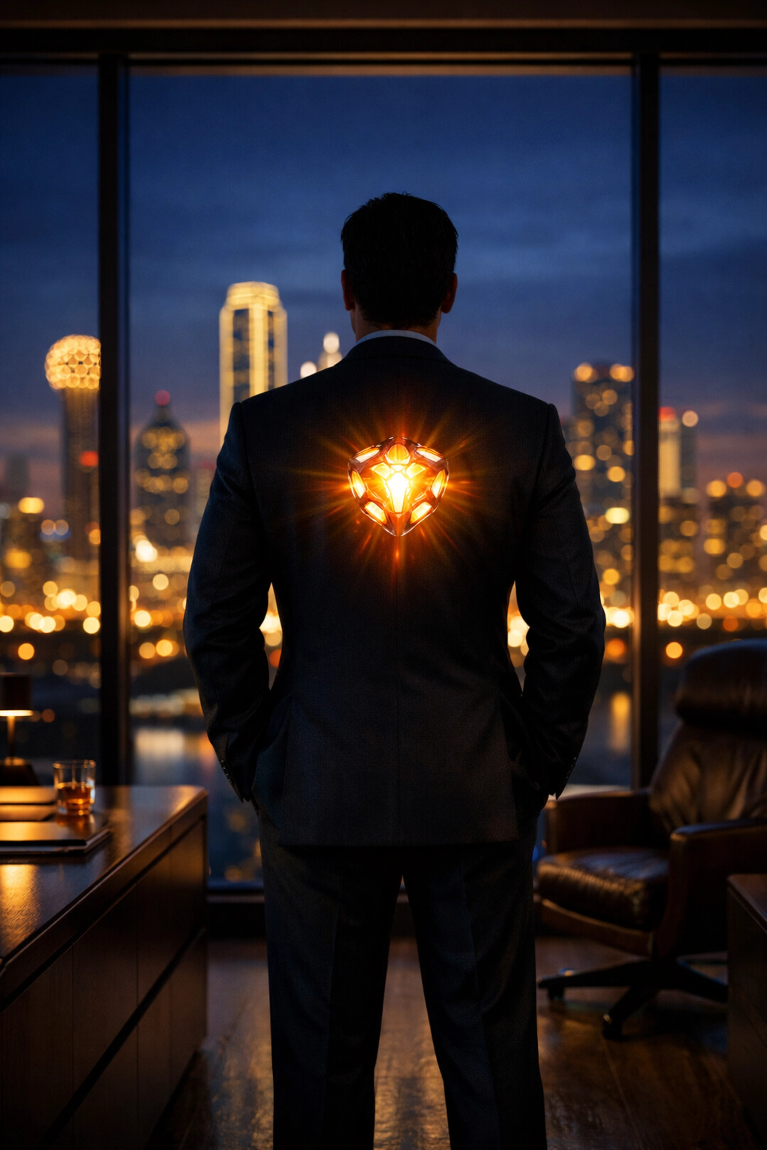 C-suite leader in a Dallas office with a glowing core representing internal strength in executive leadership coaching.
