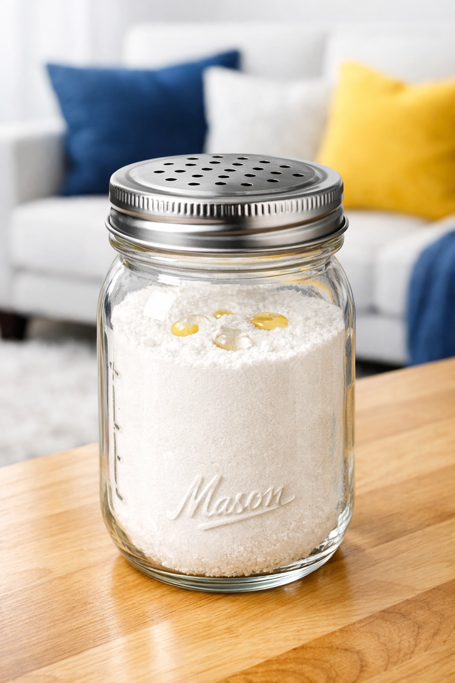 A glass shaker jar being prepared with baking soda and essential oils for homemade carpet freshening.