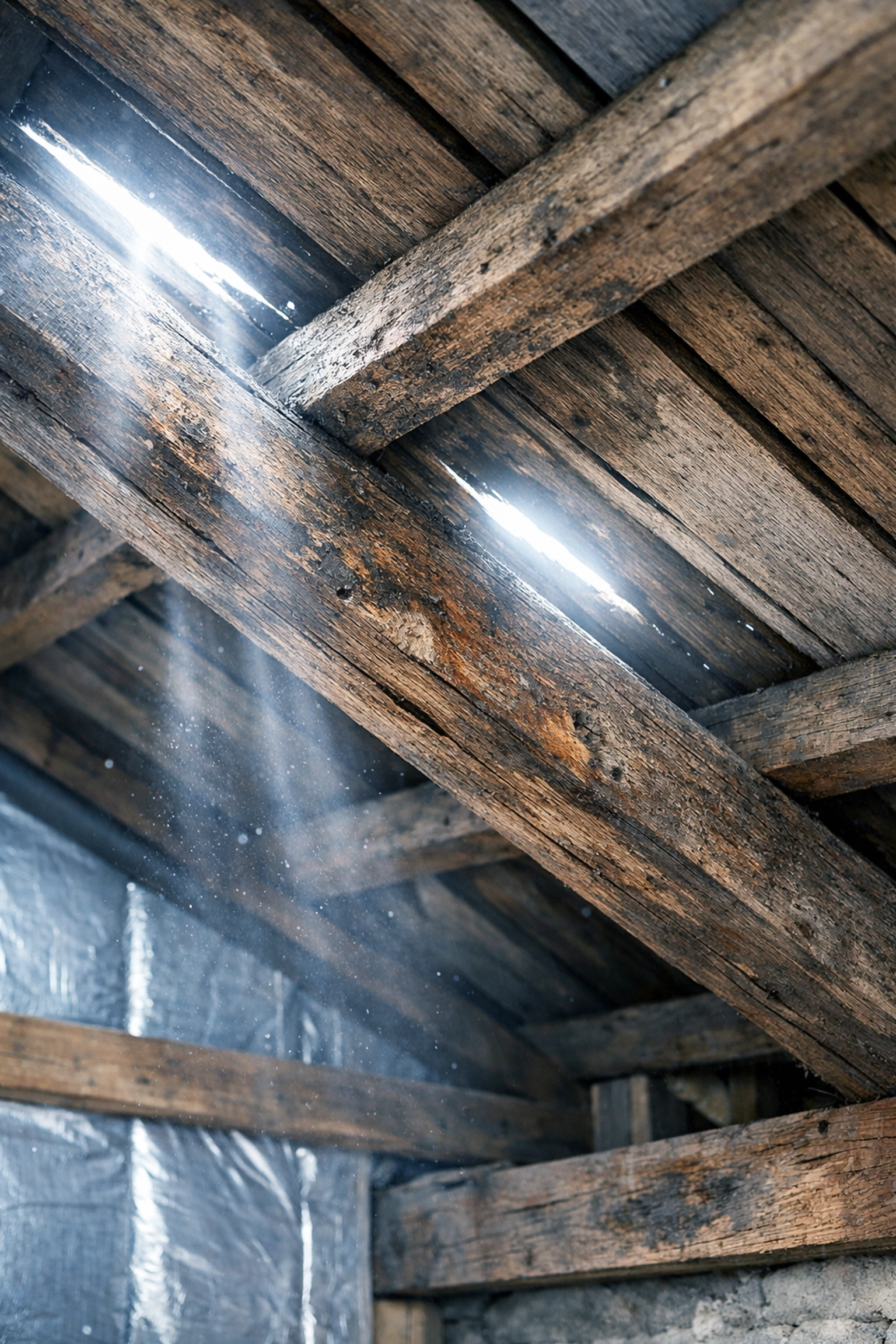 Roof timber rafters in loft space showing moisture damage requiring inspection