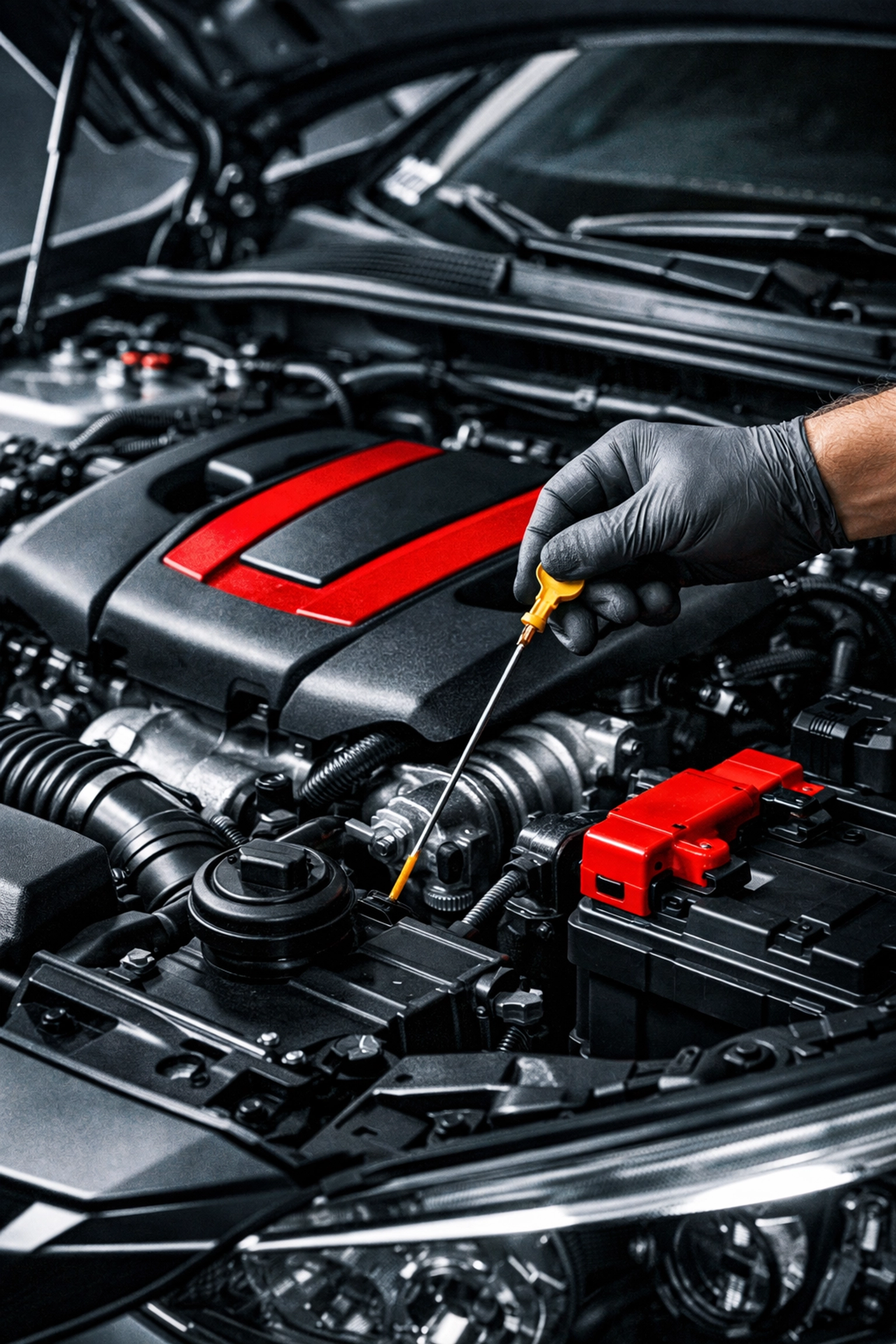 Technician checking engine oil and fluids as part of a comprehensive used car inspection service.
