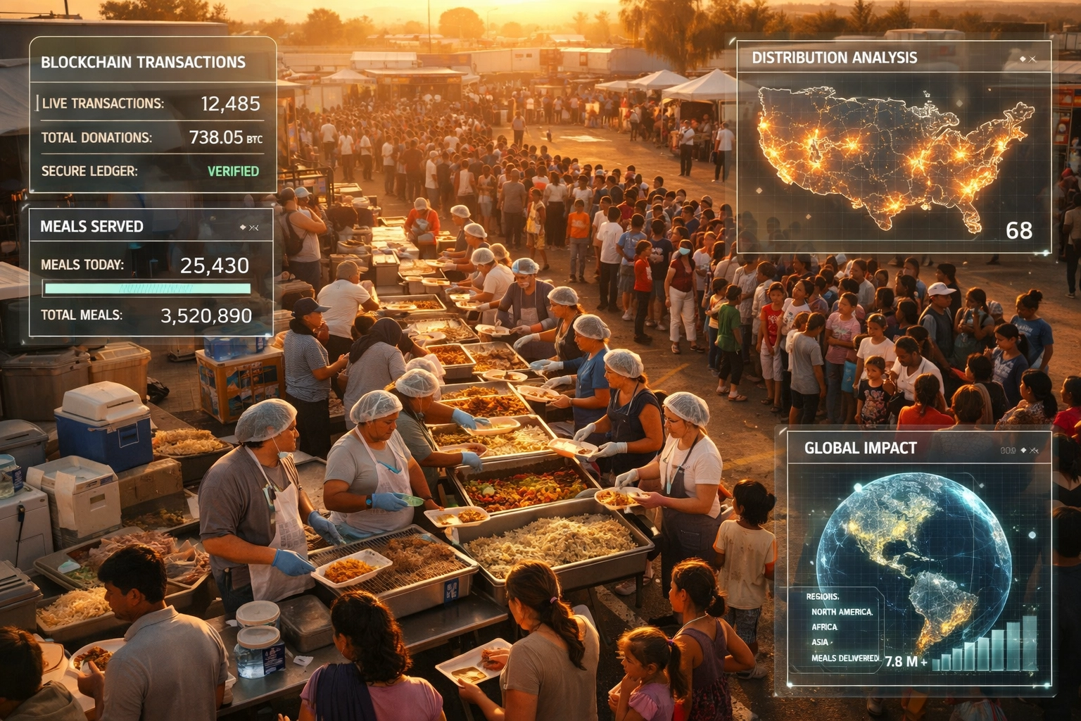 Community meal distribution center showing real-time blockchain impact tracking and hunger relief results
