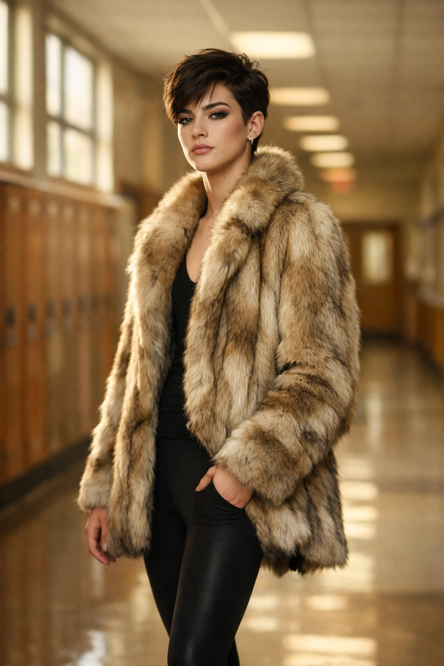 Young person in fur coat and makeup expressing non-binary identity in school hallway