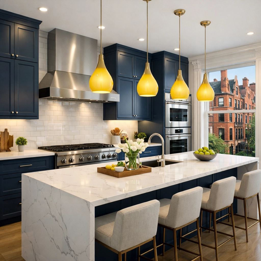 Modern spotless kitchen in a Back Bay apartment showing high-end surfaces and professional cleaning.