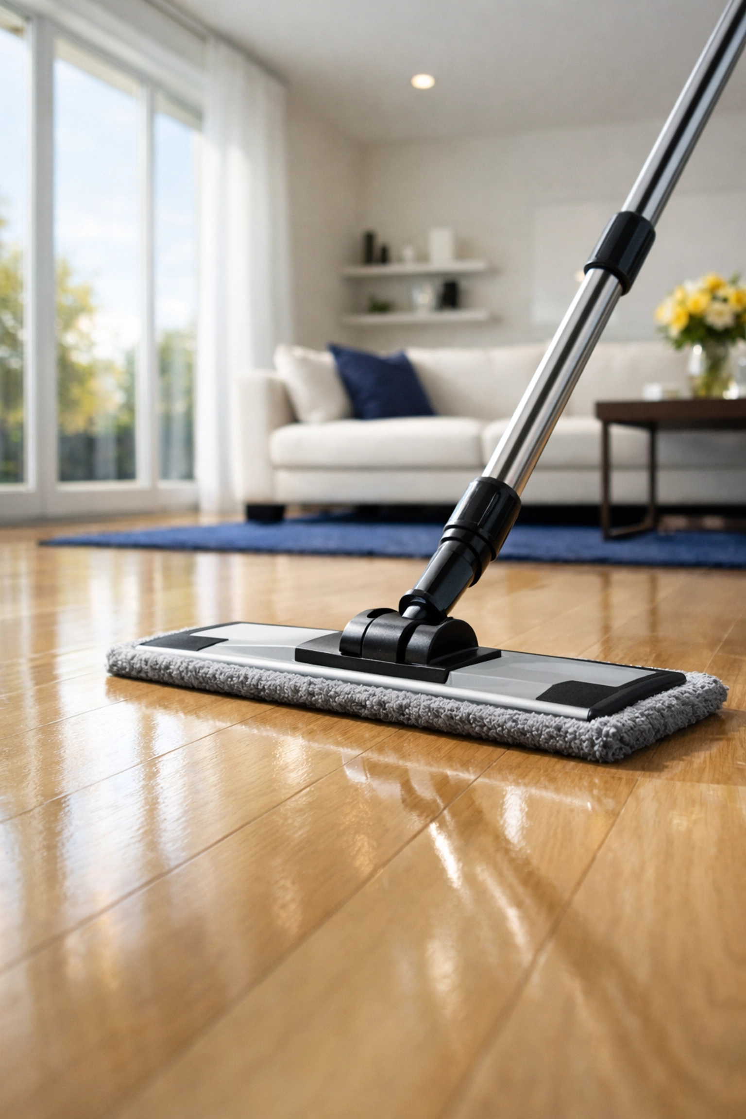 A professional microfiber mop cleaning a dust-free light oak hardwood floor in a sunlit living room.