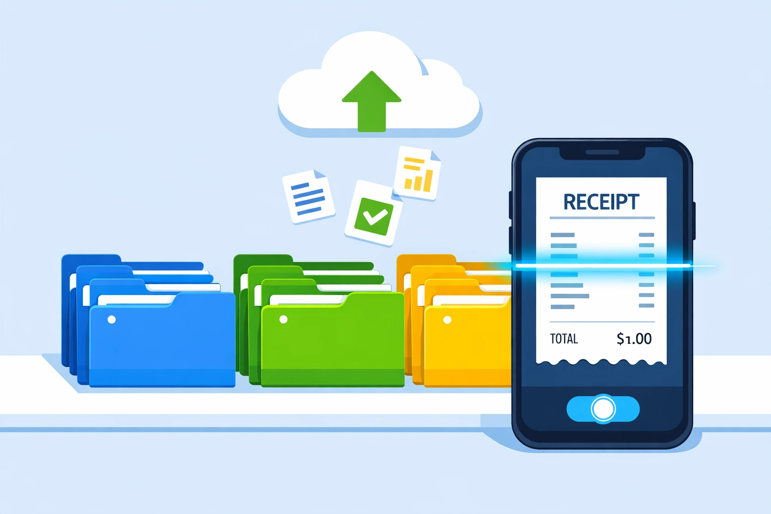 Digital tax record-keeping system with organized folders and receipt scanning technology