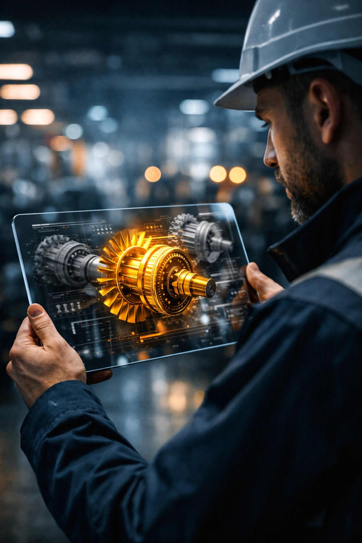 Industrial engineer using a tablet to identify high-quality manufacturing leads in a modern smart factory.