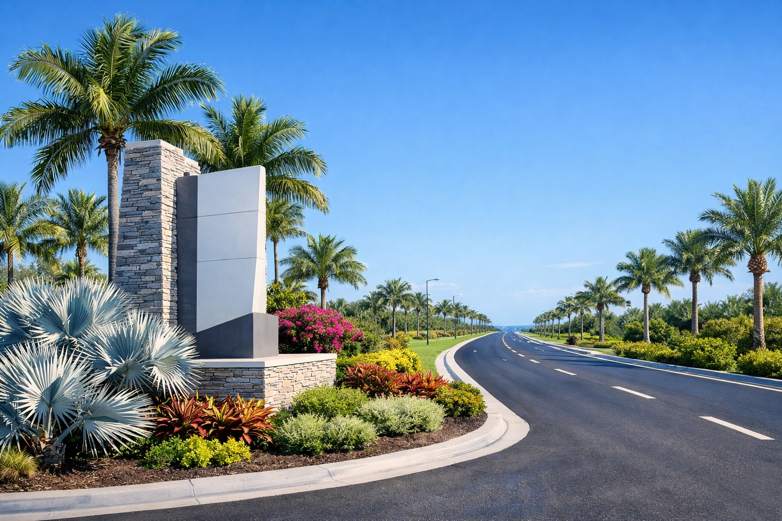 Modern suburban community entrance along the rapidly developing Burnt Store Road in Charlotte County.