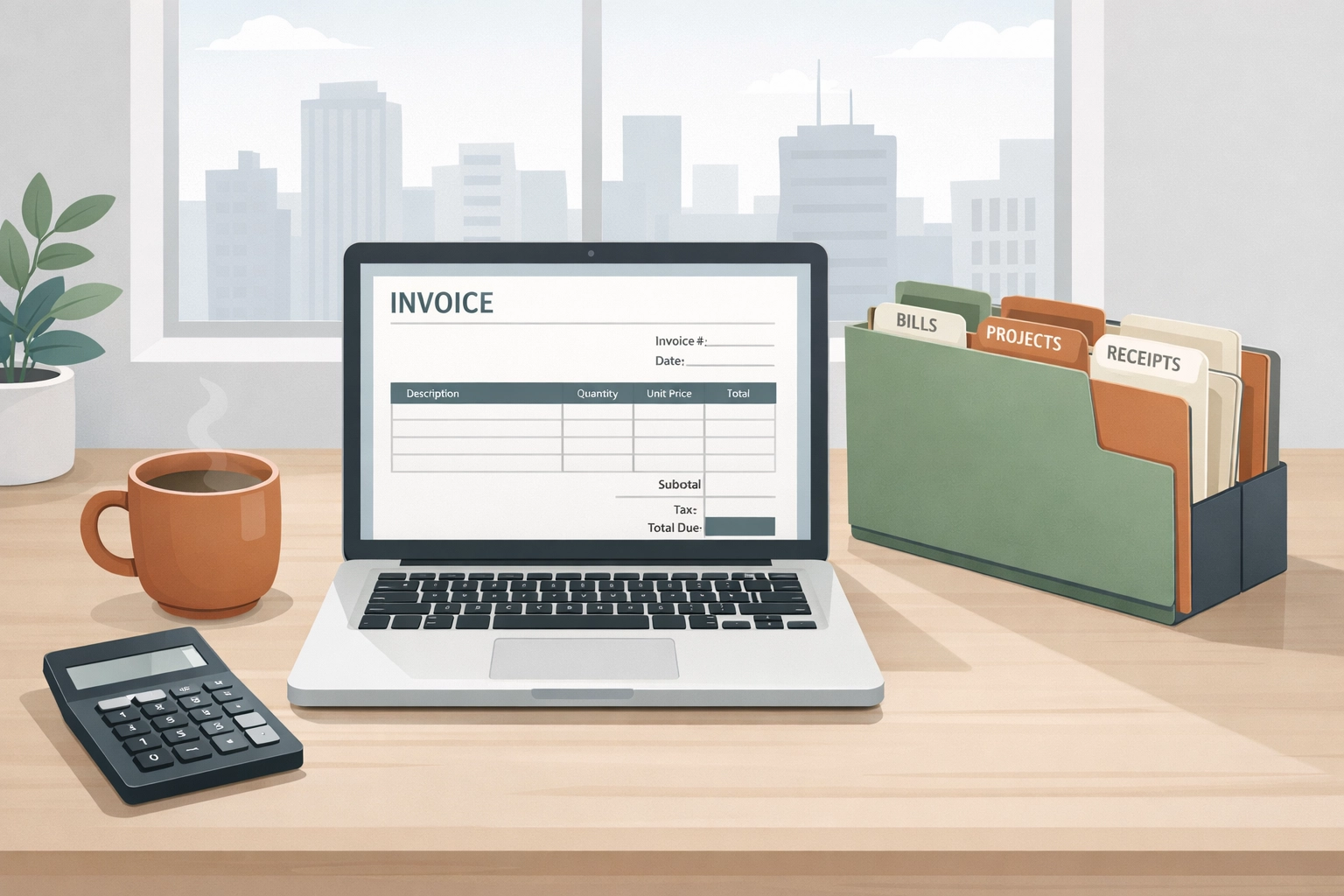 Organized workspace with invoice template on laptop for startup invoicing system