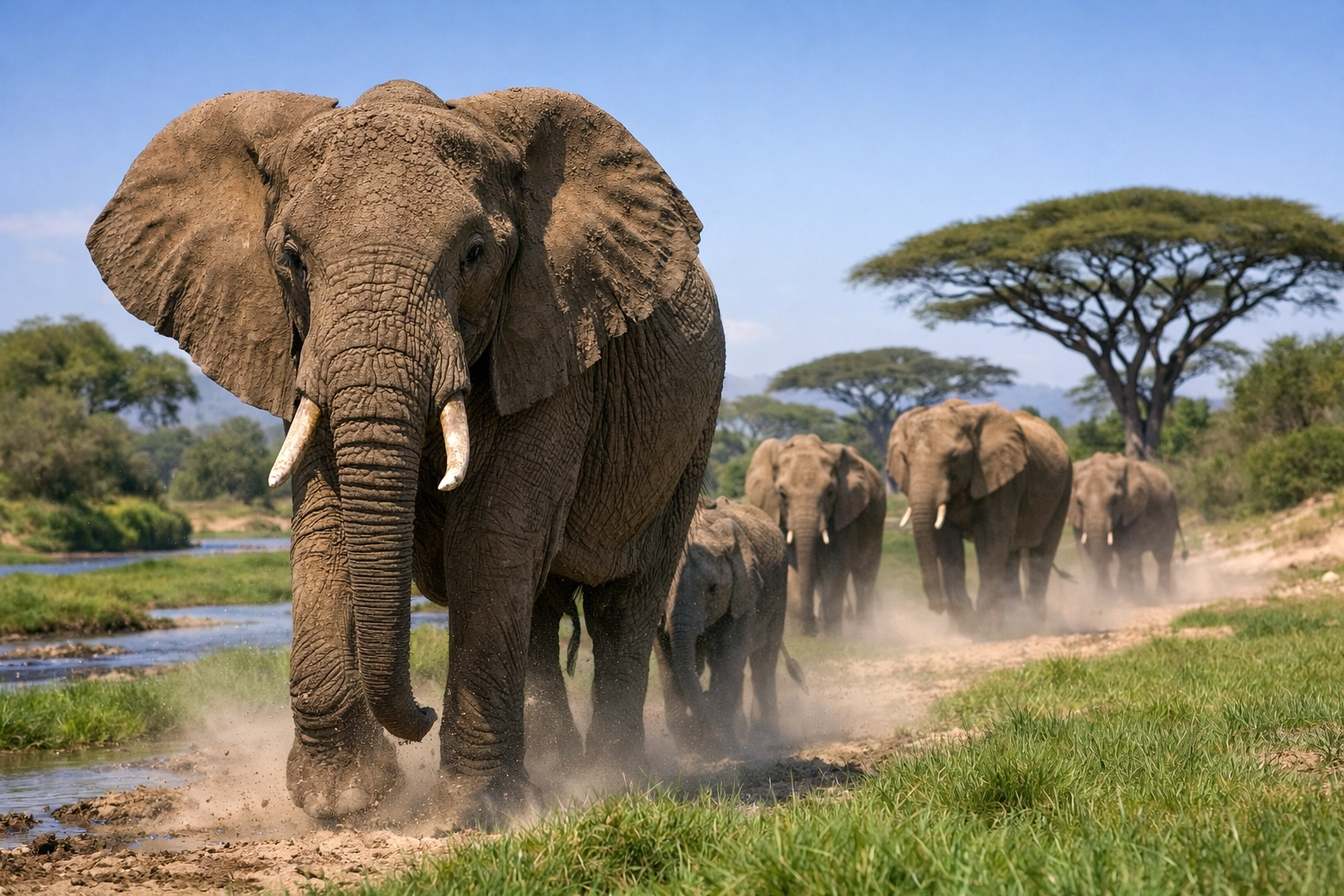 A family of African savanna elephants migrates through a lush green riverbed landscape.