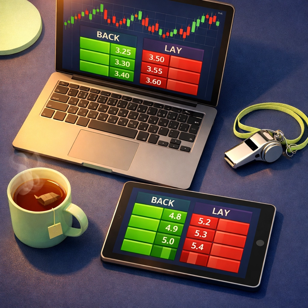 Football trading station with back and lay market data on screen for live match trading.