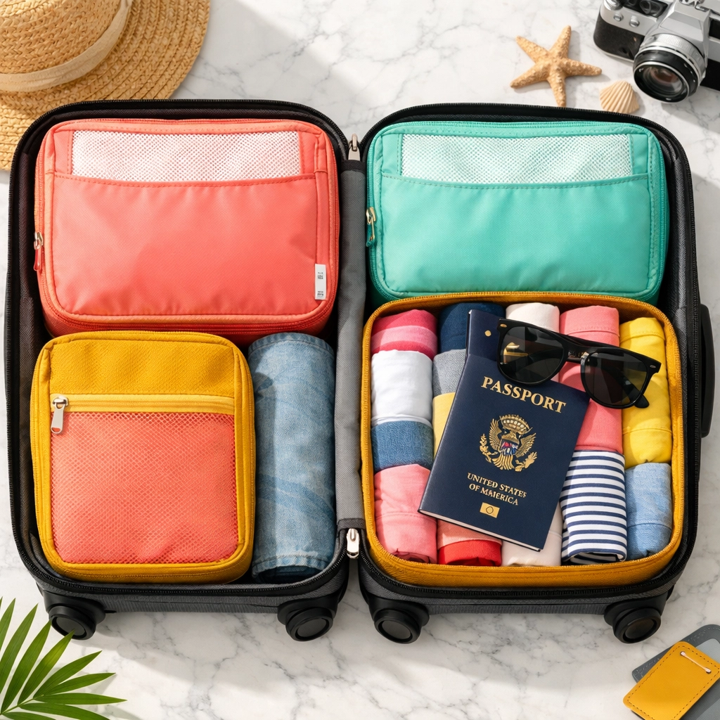 Organized carry-on luggage with packing cubes and travel essentials
