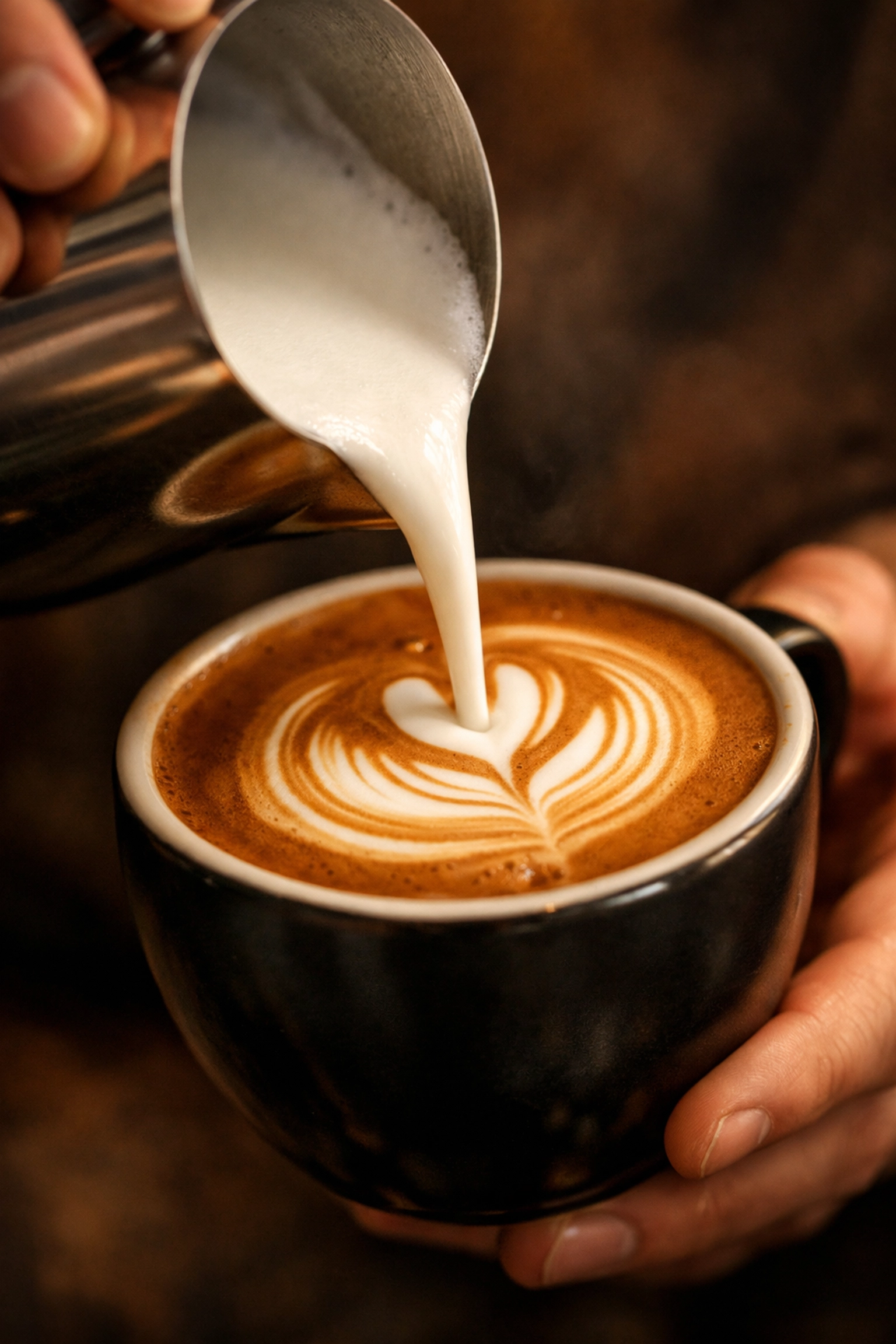 Barista pouring latte art to showcase the quality of wholesale specialty coffee.