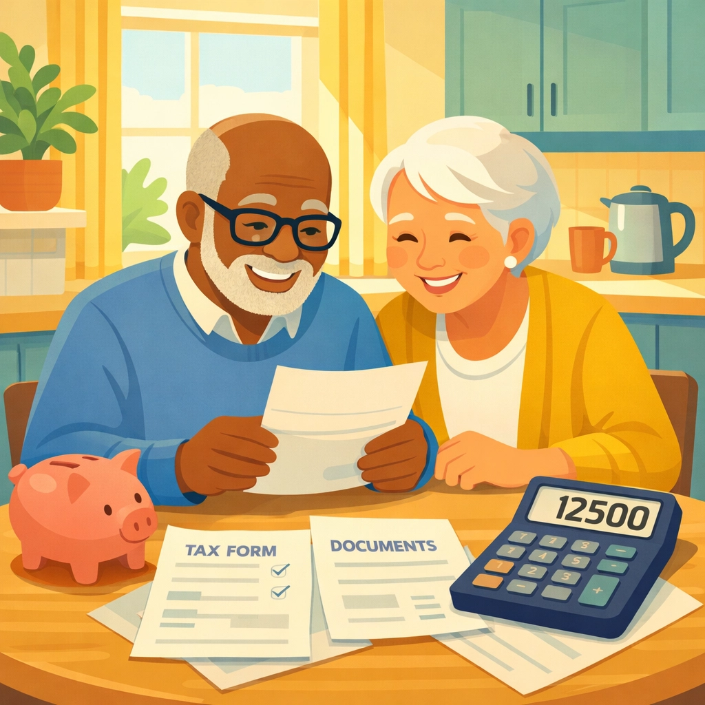 Senior couple reviewing tax documents with additional deductions for taxpayers 65 and older