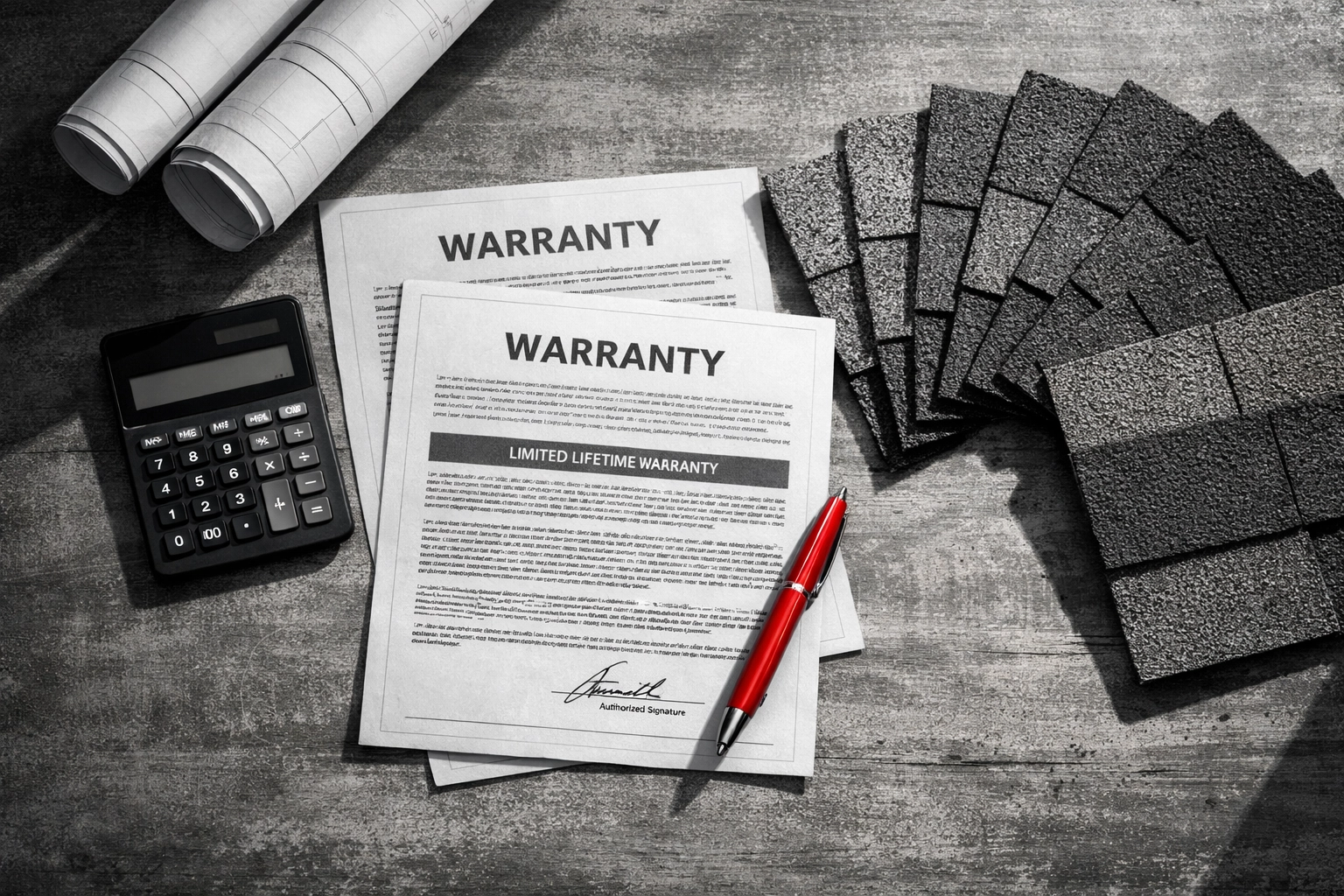 Roofing warranty documents with architectural shingle samples and color options for homeowners