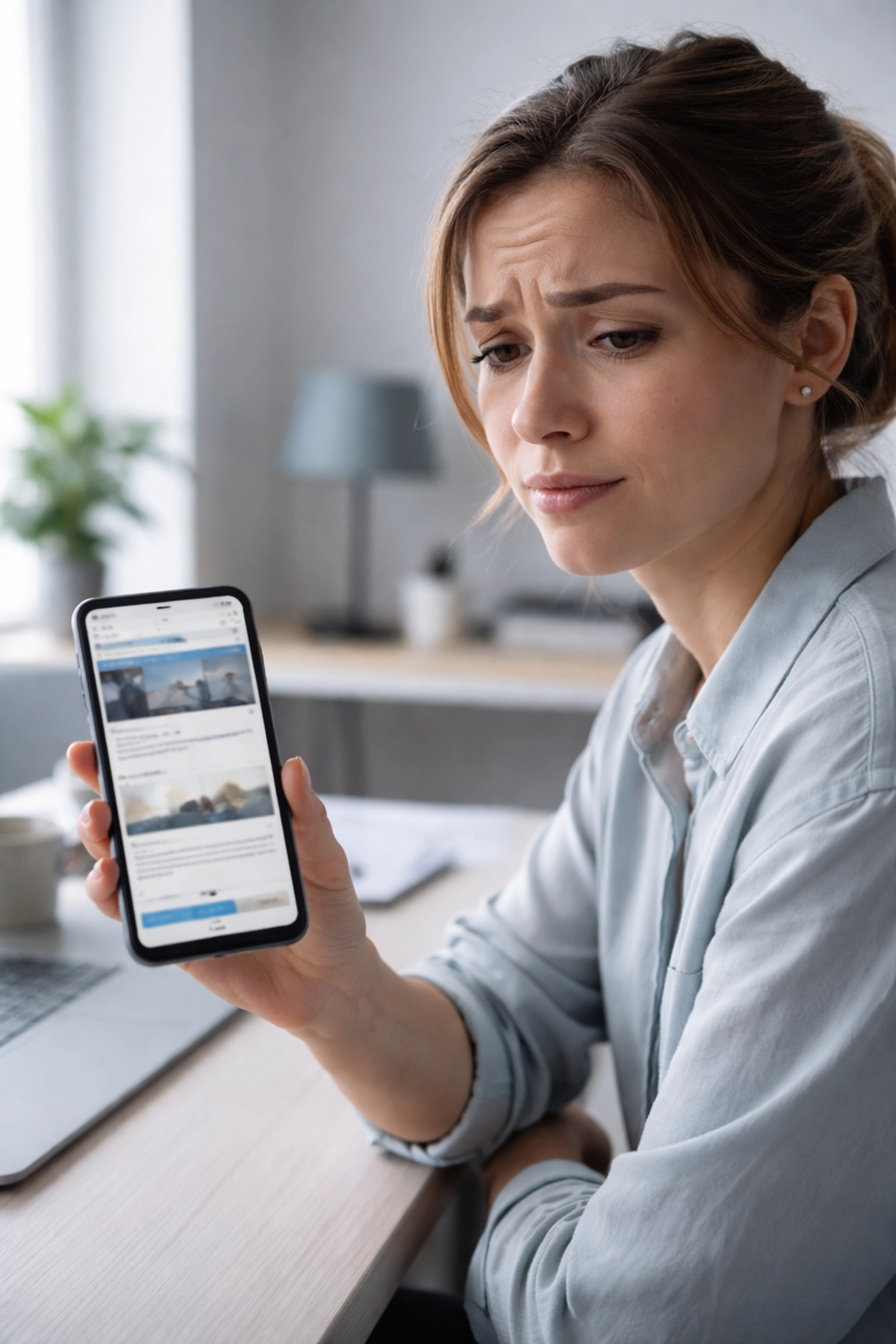 Small business owner looking at website on smartphone with a confused expression, representing website clarity audit for leads.