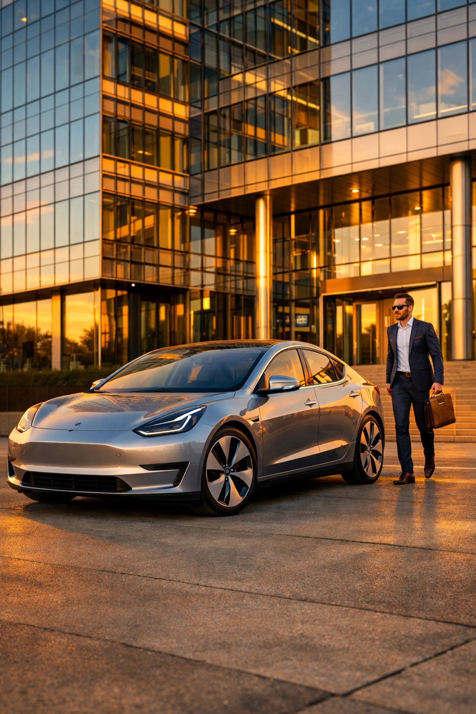 Moderne leaseauto voor een kantoorpand symbool voor mobiliteit voor IT en Finance consultants.